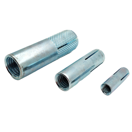 Steel drop-in anchor for concrete fastening, smooth cylindrical body with internal metric thread