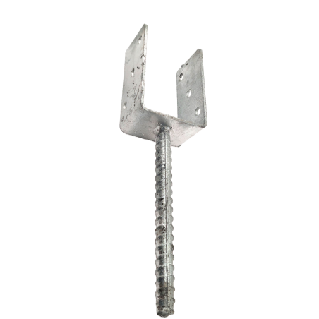 U-shaped post support for embedding in concrete, with rebar pin and multiple screw holes, galvanized steel