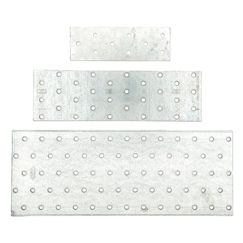 Perforated connector plate for timber and metal joints, galvanized steel with mounting holes