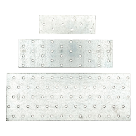 Perforated connector plate for timber and metal joints, galvanized steel with mounting holes