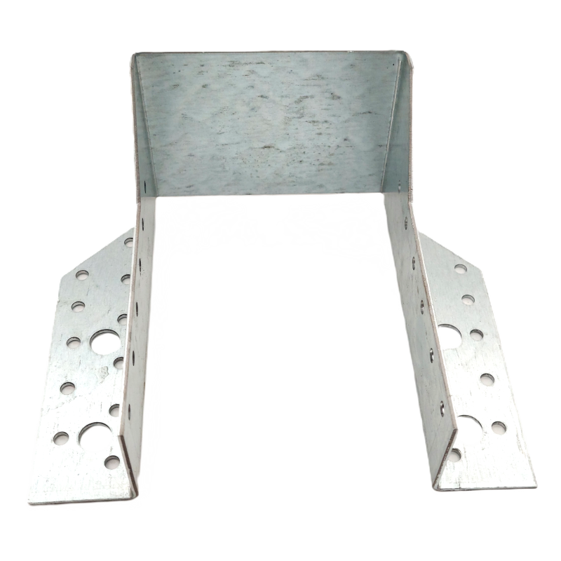 Galvanized steel joist hanger with multiple mounting holes for wooden beams and structural connections