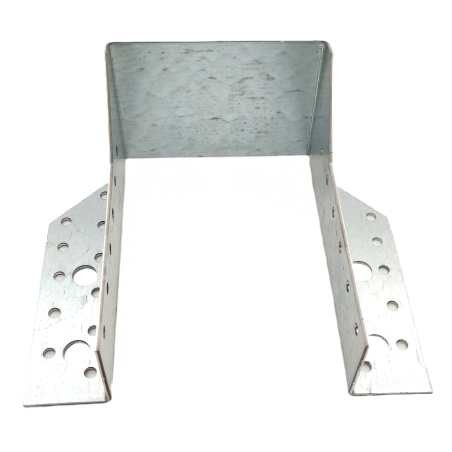 Galvanized steel joist hanger with multiple mounting holes for wooden beams and structural connections