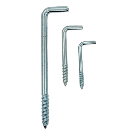 L-shaped hook screw with wood thread, zinc-plated steel, for indoor and outdoor timber fixings
