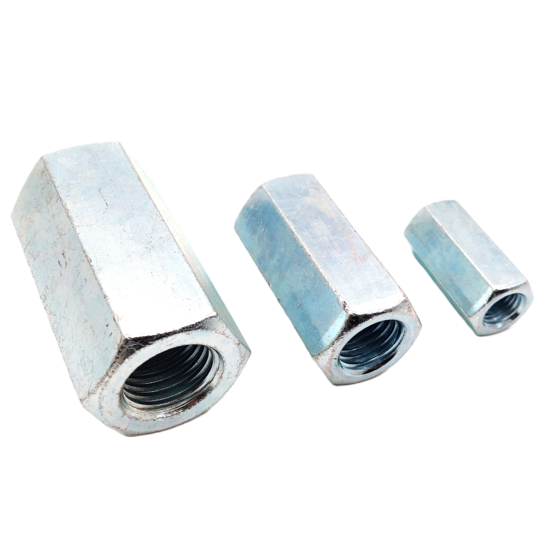 Extended coupling nut DIN 6334, hexagonal design, zinc-plated steel Extended coupling nut DIN 6334, hexagonal design, zinc-plated steel
