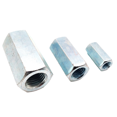 Extended coupling nut DIN 6334, hexagonal design, zinc-plated steel