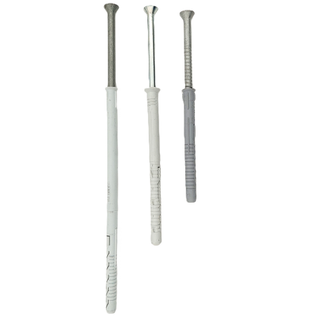 Frame fixing plug with zinc-plated screw, countersunk head, nylon body for fastening